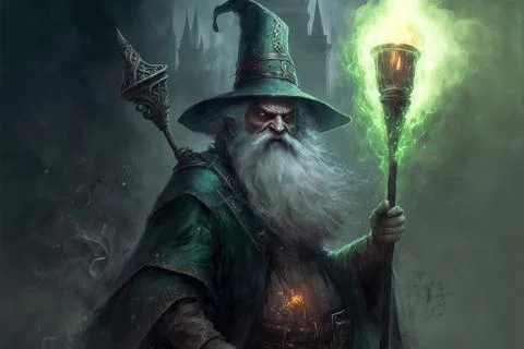 Evil wizard in a hat and a staff with green fire on the background of the cas Stock Illustration