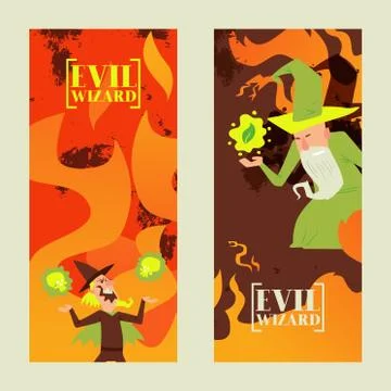 Evil wizard, mage, old sorcery, toxic fire ball, flat vector illustration Stock Illustration