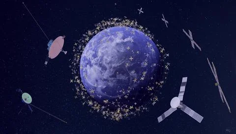 Evocation of space debris. Hundreds of satellites orbiting the earth. Elements Stock Photos