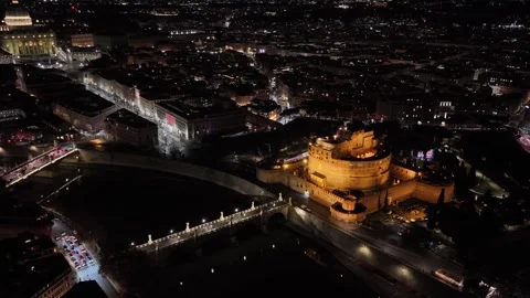 Evocative aerial shot of central Rome at night. Italy. Stock Footage 324693234