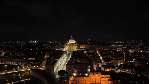 Evocative aerial shot of central Rome at night. Italy. Stock Footage 324693253