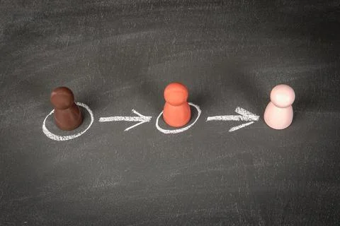 Evolution and change concept. Wooden human figures on a chalkboard background Fotos de archivo