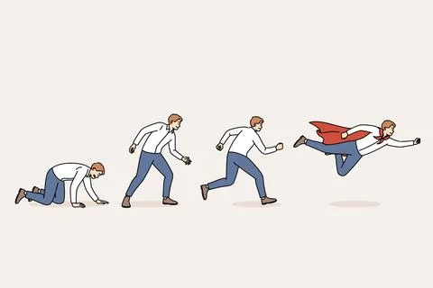 Evolution of business man turning into leader and superhero from crawling loser. Stock Illustration