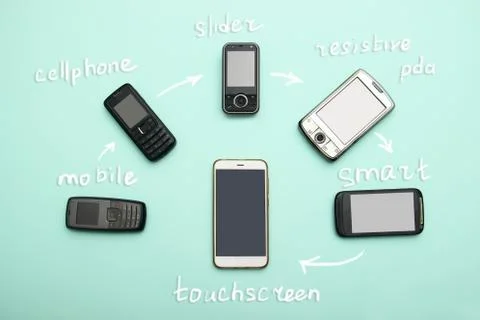 Evolution of cell phones. Technology development telephone and pda concept Stock Photos