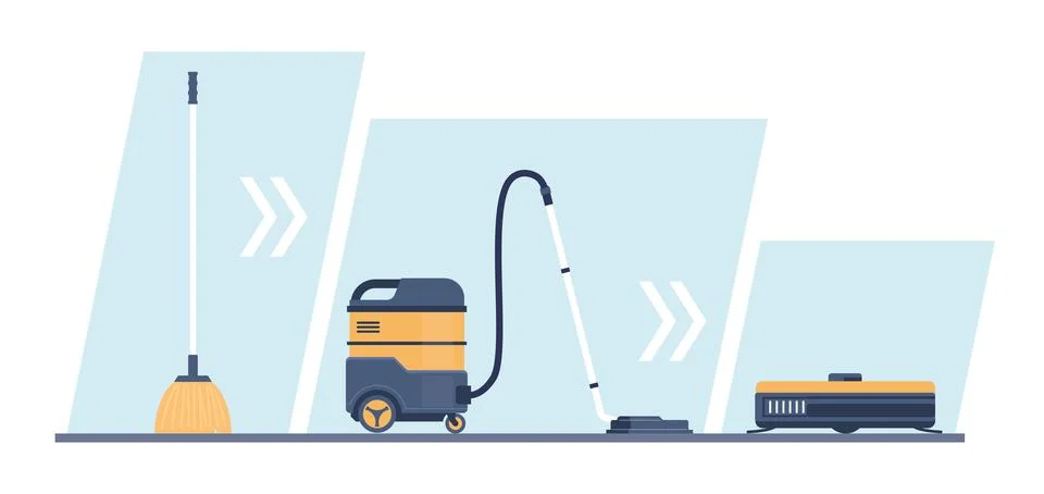 Evolution of cleaning tools from broom to robot vacuum cleaner. retro and modern Stock Illustration
