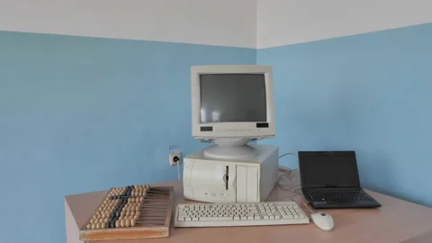 The evolution of computer technology: wooden abacus, computer, laptop Stock Footage 237019227