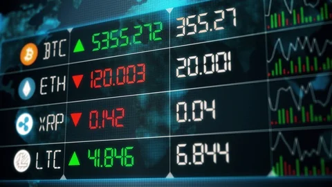 Evolution of cryptocurrencies with Bitcoin, Ether, Litecoin and ripple prices go 스톡 동영상 127973717