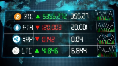 Evolution of cryptocurrencies with Bitcoin, Ether, Litecoin and ripple with up a Stock Footage 127973718