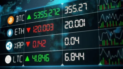 Evolution of cryptocurrencies with Bitcoin, Ether, Litecoin and ripple prices go Stock Footage 127973840