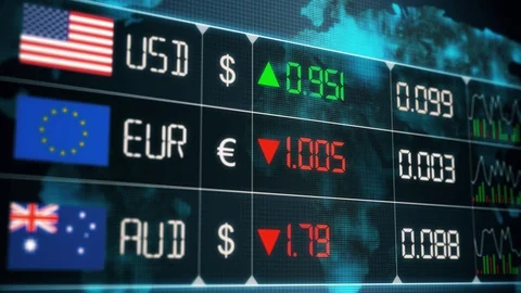 Evolution of currencies in the world market with up and downs of Australian doll Stock Footage 129727489