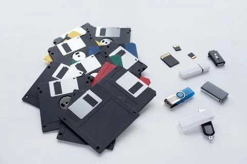The evolution of digital data storage device. Modern and retro technology. 스톡 사진