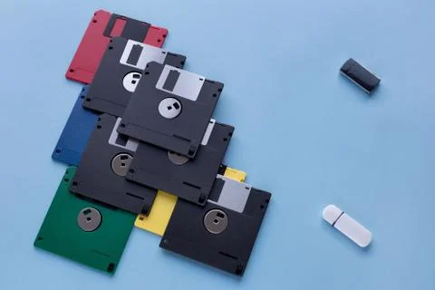 The evolution of digital data storage device. Floppy disks vs flash drives. 스톡 사진