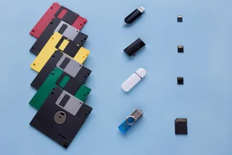 The evolution of digital device. Floppy disks, flash drives and memory cards. Stock Photos