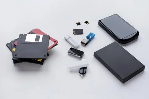 The evolution of digital devices for the transfer and storage of information. 스톡 사진