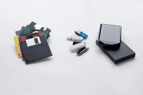 The evolution of digital devices for the transfer and storage of information. 스톡 사진