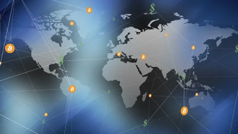 Evolution of digital money bitcoin and dollar in world map Video stock 255285614