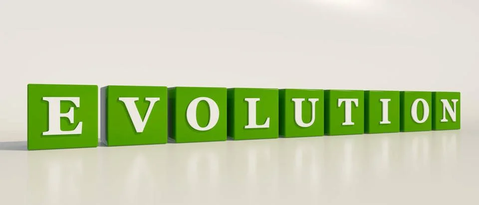 Evolution Evolution, single word. Blue dices with white letters and the te... Stock Photos