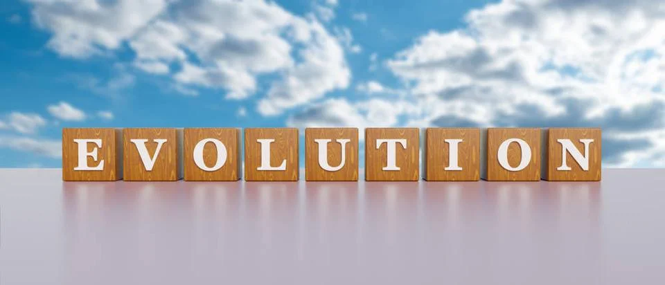 Evolution. Evolution. Wooden dices with white capital letters and the word... 스톡 사진