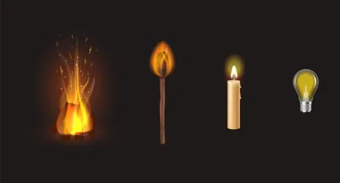 Evolution of light vector illustration. Infographic from bonfire and candle to Stock Illustration