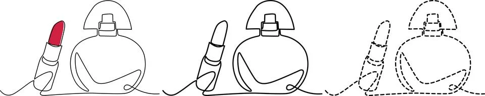 Evolution of makeup products from lipstick to perfume bottles through masca.. Illustrazione stock