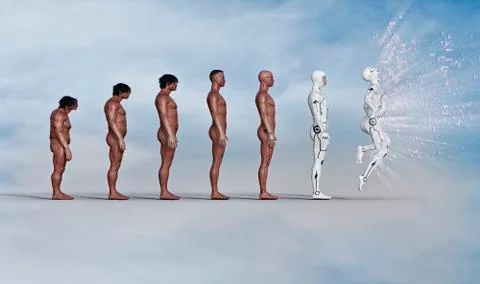 Evolution of man from caveman to exploding robot Stock Photos