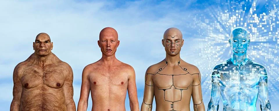 Evolution of man from caveman to robot 스톡 사진