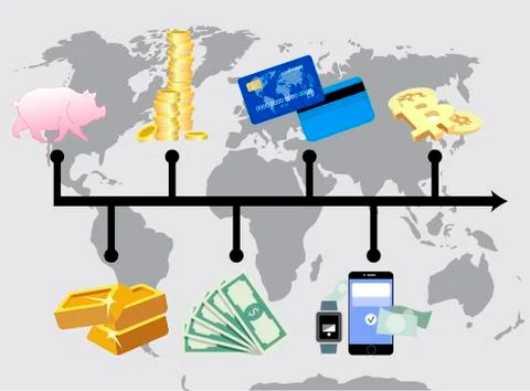 Evolution of money. From barter to cryptocurrency Ilustración de archivo