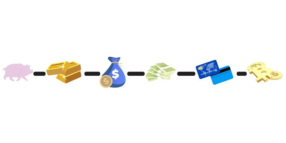 Evolution money cash development, from exchange to card Stock Illustration