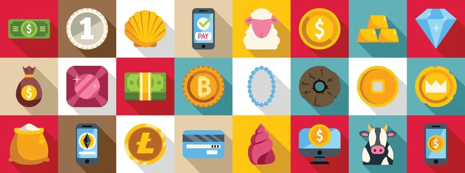 Evolution money icons set. Value exchange, exploring currency, commodities,.. Stock Illustration