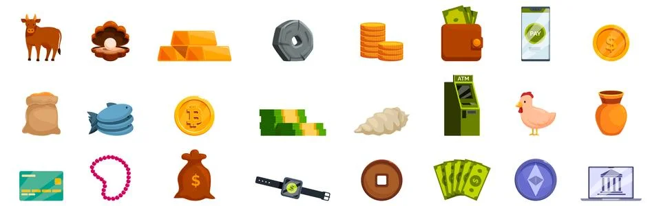 Evolution money icons set. Various ways of exchanging and storing value, from Ilustración de archivo