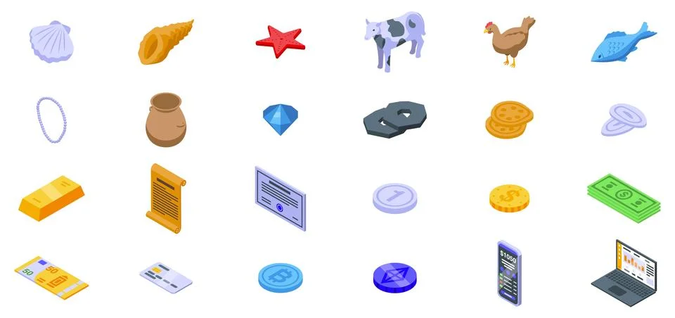 Evolution money icons set. Various bartering items, from traditional goods to Stock Illustration