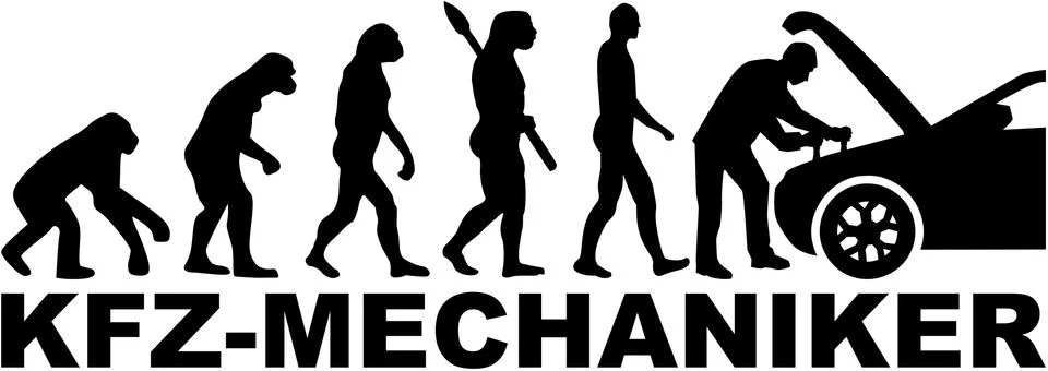 Evolution motor mechanic with car. German job title. Illustrazione stock