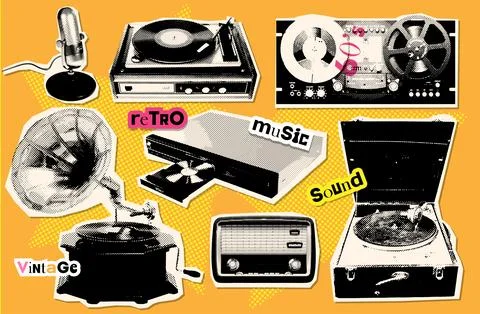 The evolution of music players - gramophone, records, radio, tape recorder - Stock Illustration