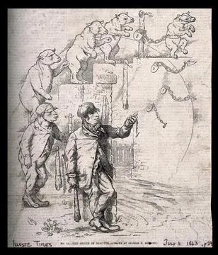 The evolution of a muzzled bear chained to a post into a thug with a watch .. Stock Illustration