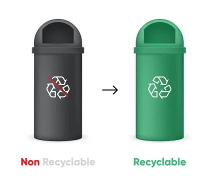 Evolution from Non Recyclable to Recycling Garbage Bin. Black and Green Cans Illustrazione stock