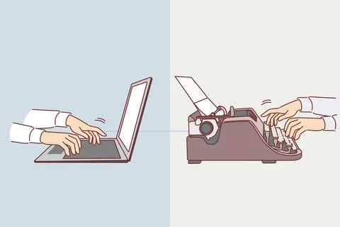 Evolution of old typewriter turned into modern laptop, thanks to development of 스톡 일러스트