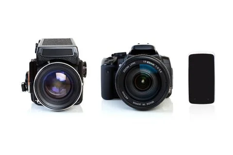 The Evolution of Photography. Digital Single Lens Reflex DSLR Camera, old ... Stock Photos