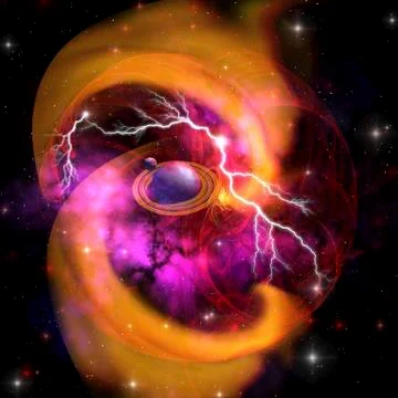 Evolution of planet building with surrounding cosmic dust and electrical Stock Illustration