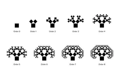 Evolution of a Pythagoras tree, a fractal constructed from squares Stock Illustration