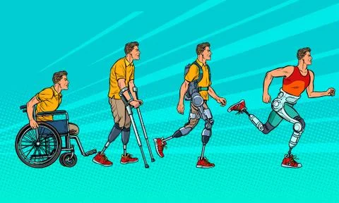 Evolution of rehabilitation. man leg prosthesis Stockillustratie