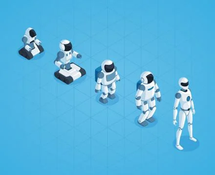 Evolution Of Robots Isometric Design 스톡 일러스트