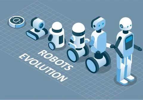 Evolution of robots vector isometric illustration Stock Illustration