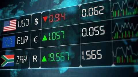 Evolution of South African rand, Euro, US dollar currencies with up and downs. C Stock Footage 129728678