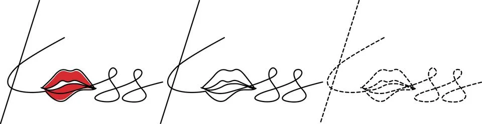 Evolution of stylized lips and cursive letter 'k' into abstract shapes with.. Illustrazione stock