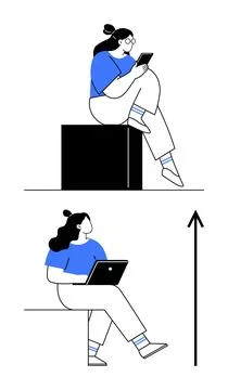 Evolution of Technology Use From Mobile Engagement to Laptop Work in Minima.. Stock Illustration