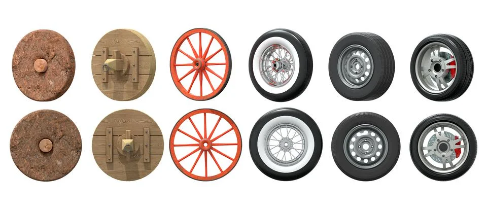 The evolution of the wheel, from a primitive stone disk to a car alloy wheel Illustrazione stock
