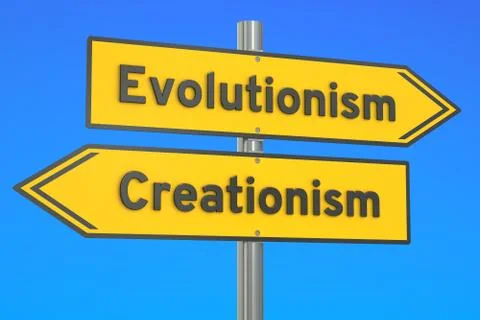 Evolutionism vs creationism concept on the signpost, 3D rendering Illustrazione stock