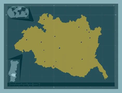 Evora, Portugal. Solid color shape. Locations of major cities of the region Stock Illustration