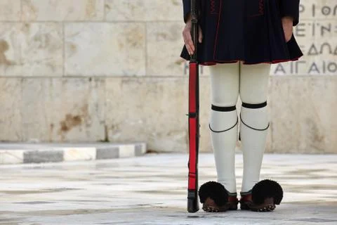 Evzonas Guardian in front of the Greek parliament in   Athens, Greece. Stock Photos