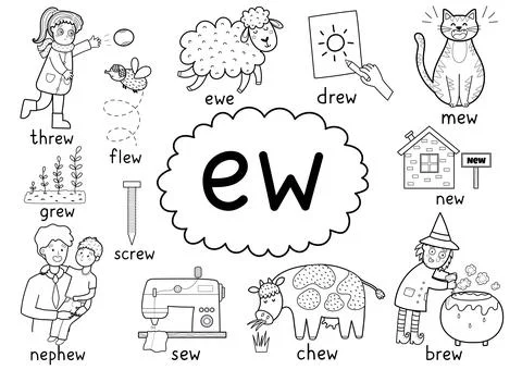 -Ew- digraph spelling rule black and white educational poster for kids with Stock Illustration